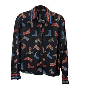 Womens Western Boots Spurs Cowgirl Printed Long Sleeve Button Up Top Size L
